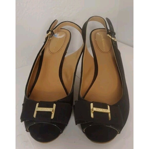 Tommy Hilfiger Black Canvas Cork Wedge Peeptoe Sandals Size 7.5 - Picture 2 of 7